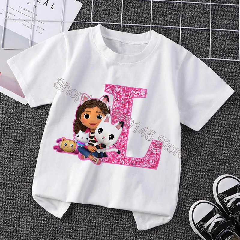 Gabby Dollhouses T-shirt per bambini T-shirt con lettere inglesi T-shirt a maniche corte simpatico cartone animato Top Abbigliamento casual estivo