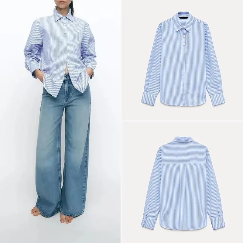 

Spring 2025 Women's Plaid Silk Long Sleeve Collared Shirt Patchwork Striped Polyester Fiber New Style Ladies Fashion Shirt
