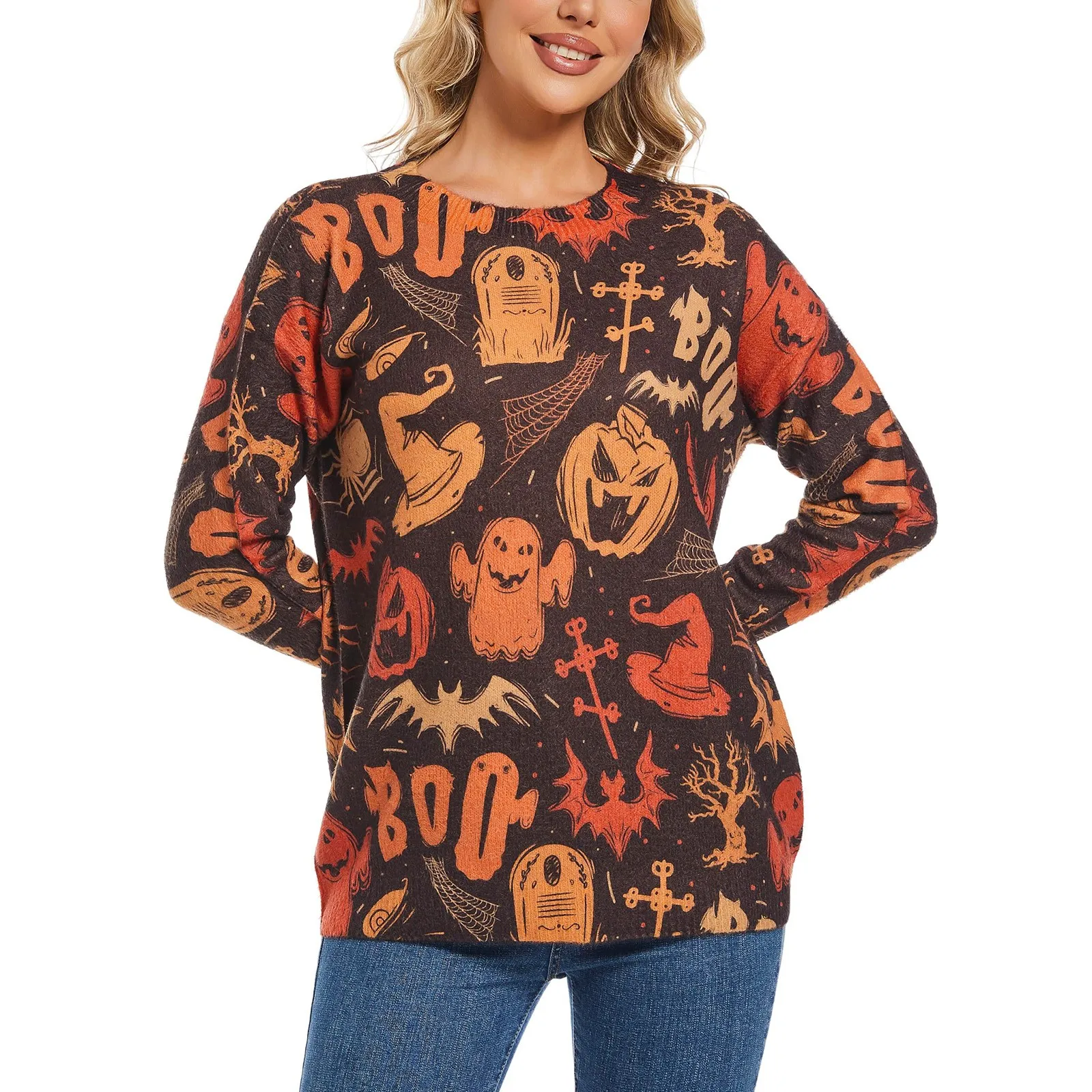 Donna manica lunga oversize Halloween Graphic maglione lavorato a maglia girocollo allentato autunno inverno maglione donna maglioni lunghi Pullover