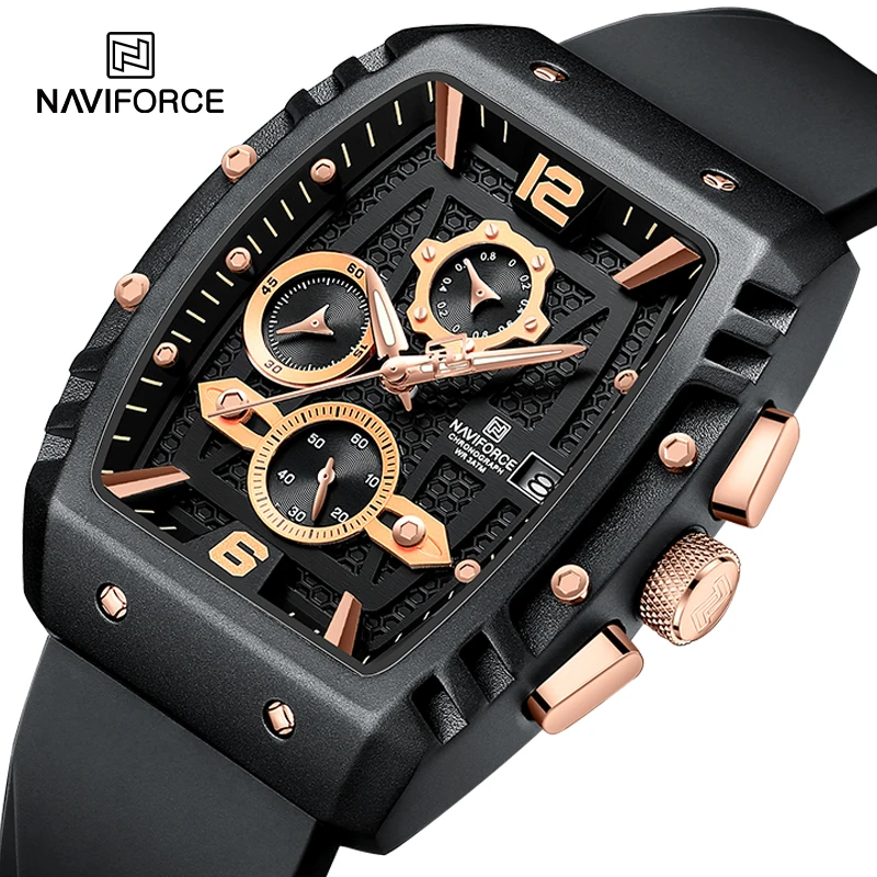 Top Luxury NAVIFORCE Men\'s Wristwatches Water Resistant Fumed Silica Strap Quartz Man Chronograph with Barrel-Shaped Dial NF8025