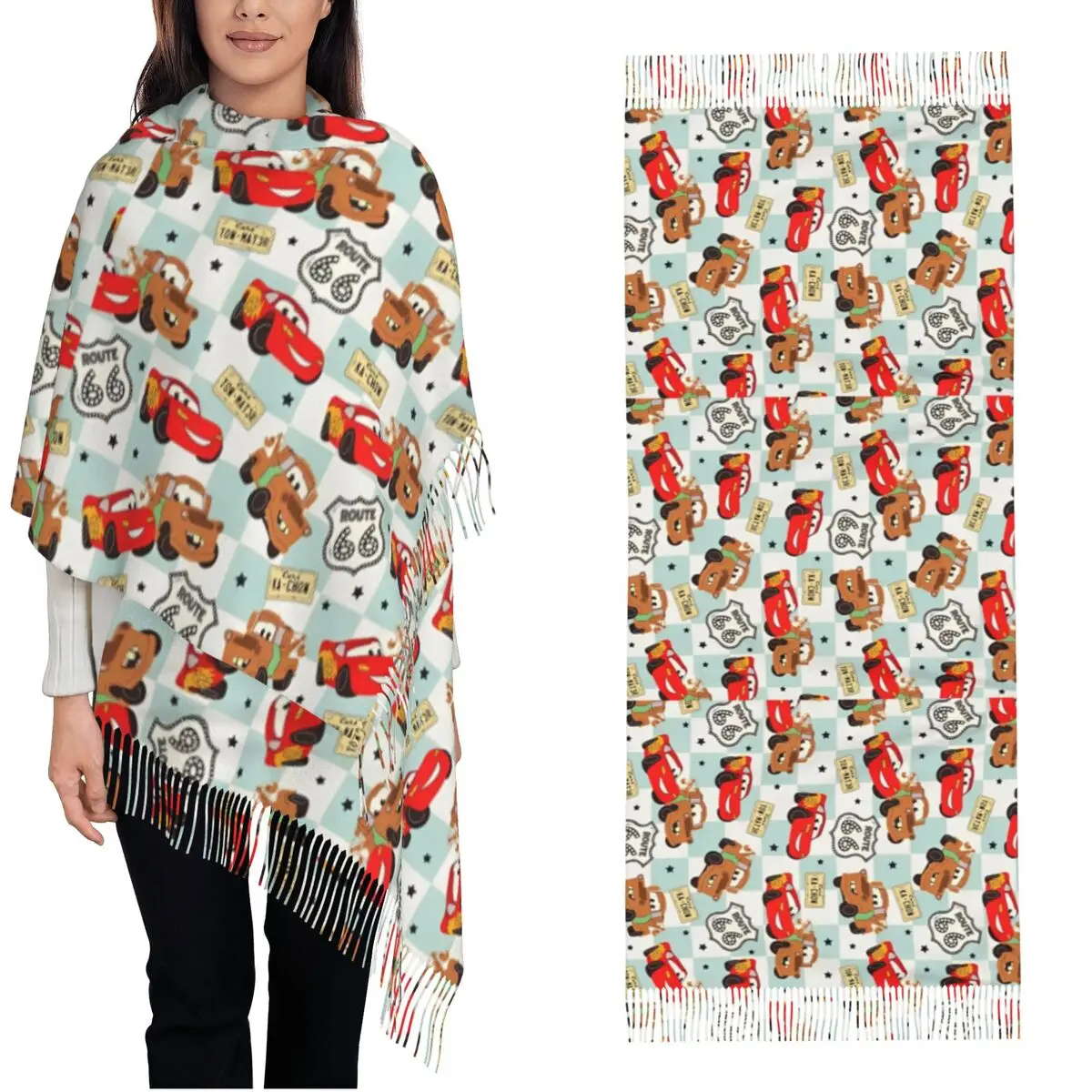 Womens Tassel Scarf Cars Lightning McQueen Mater Route 66 Long Soft Warm Shawl and Wrap Piston Cup Gifts Cashmere Scarf