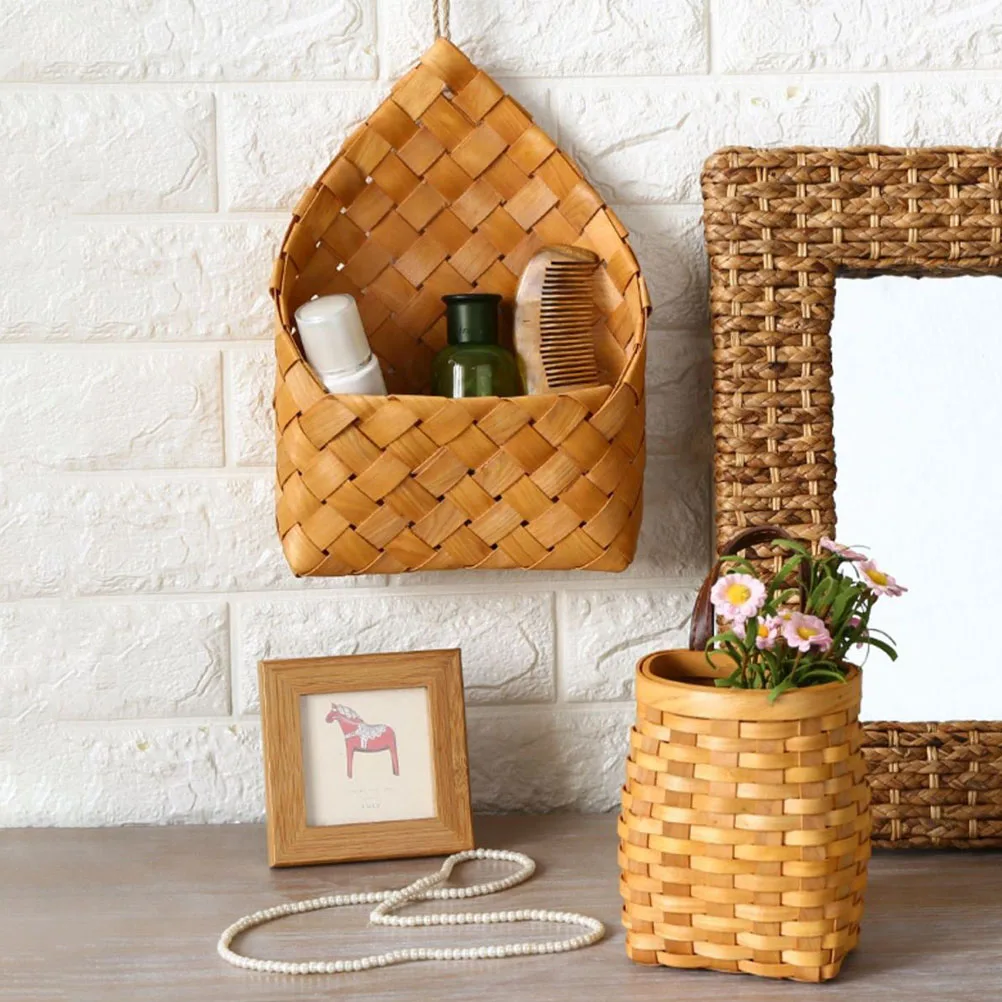 

2Pcs Storage Basket Wooden Wall Hanging Woven Boxes for Flowers Sundries Home Decor Dried Container Rustic Style