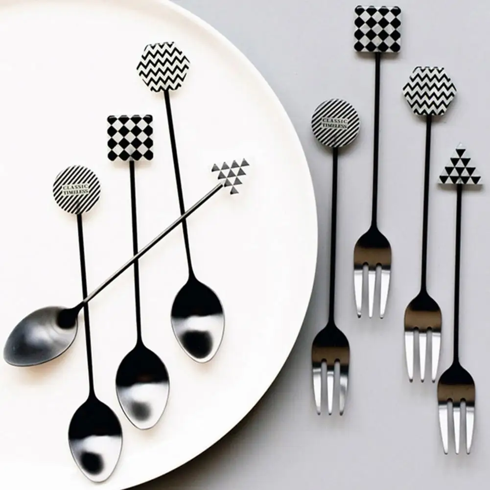 Modern Stainless Steel Coffee Spoon Dessert Fruit Fork Chess Grid Wave Printing Restaurant Hotel Photography Props