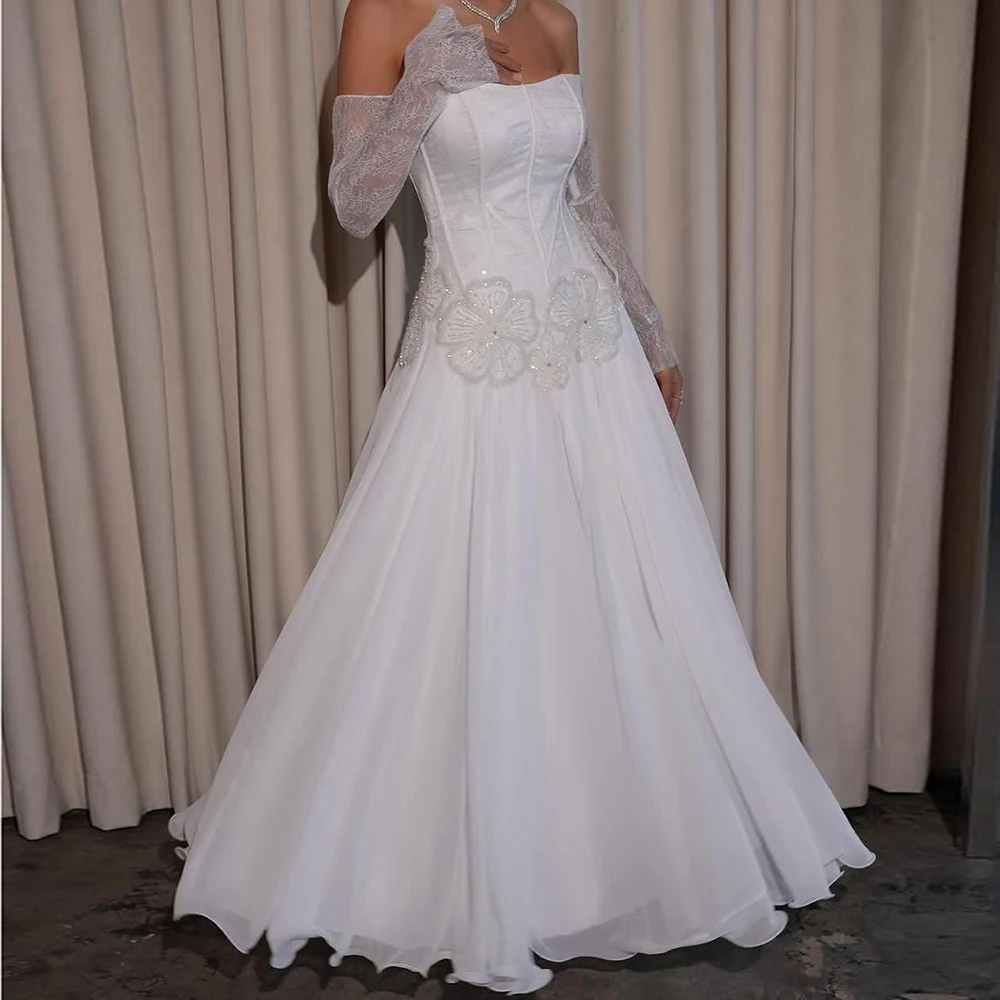 

Customized A-line Evening Dresses Floor-length Off The Shoulder Full Sleeve Prom Gown Fashion Sequined Flowers Draped Party Gown