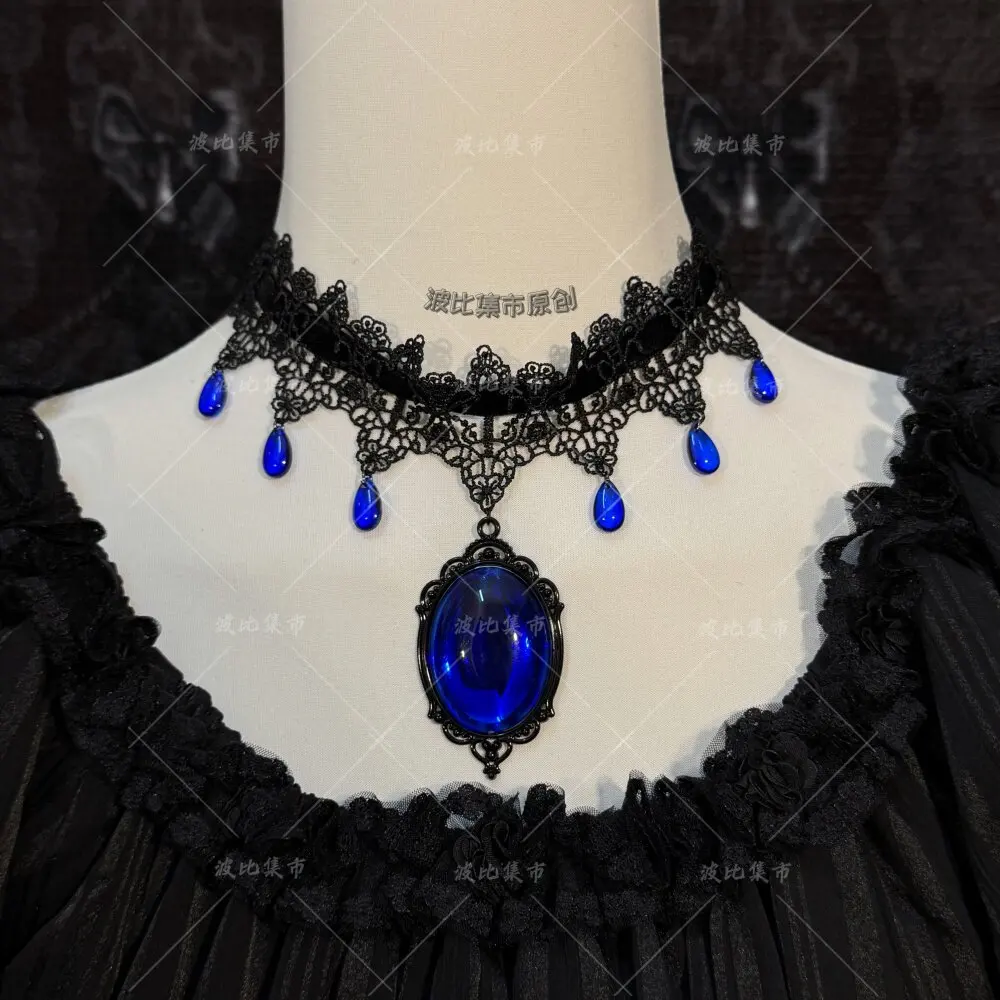 

Gothic Lace Choker with Blue Gemstone hand made Black Lace Choker Halloween Costume Jewelry Choker Necklace