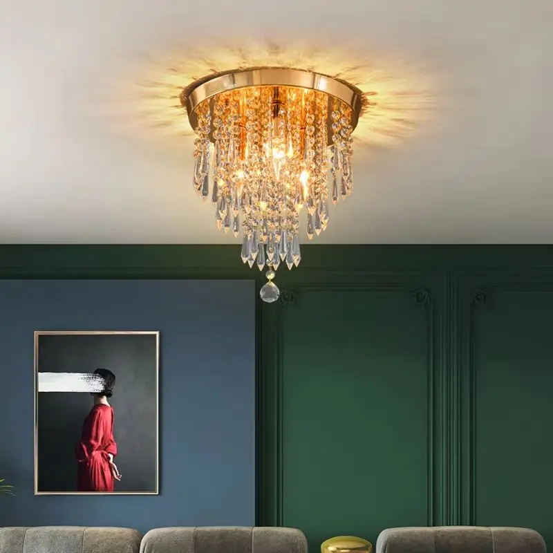 Golden Ceiling Light Hanging Crystal Ceiling Lamp for Home Decor Surface Mounted Bulb Replacable