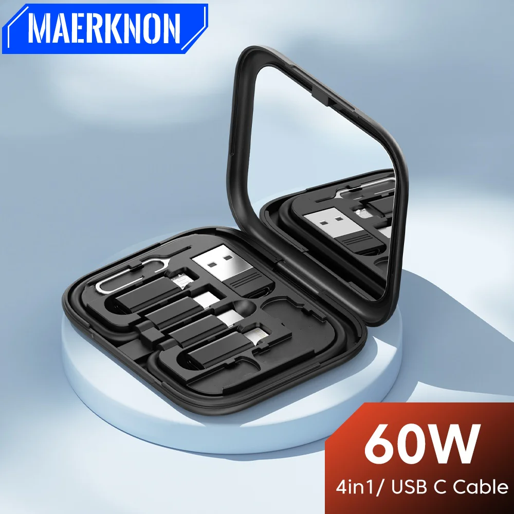 4 in 1 Multi-functional Mini Data Cable Set Storage Box Mobile Phone Holder USB Type C To USB C Cable For iPhone Samsung Xiaomi