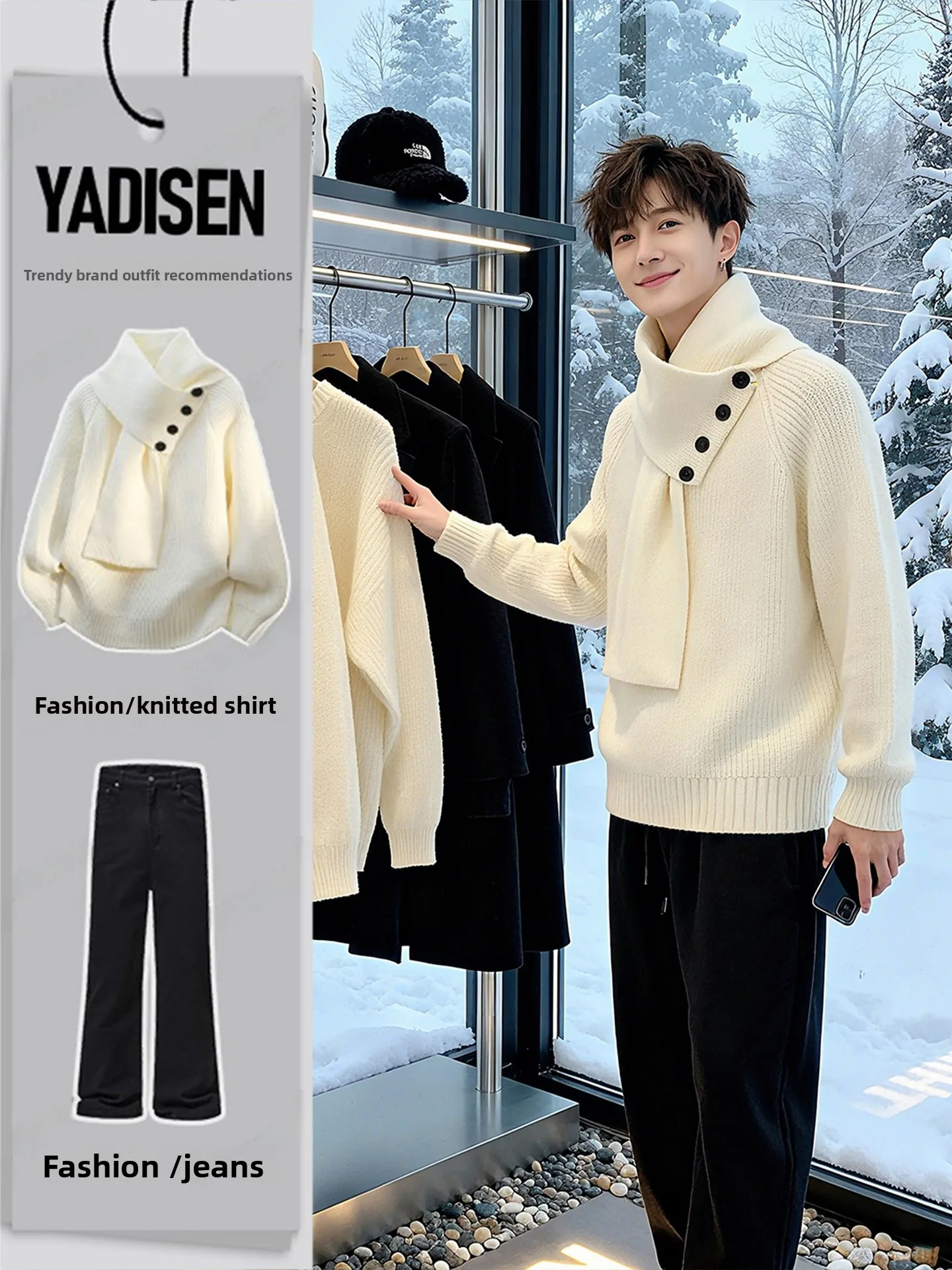 

Новый китайский мужской вязаный свитер с высоким воротником, на флисовой подкладке, со встроенным шарфом, для зимы, повседневный, комфортный крой