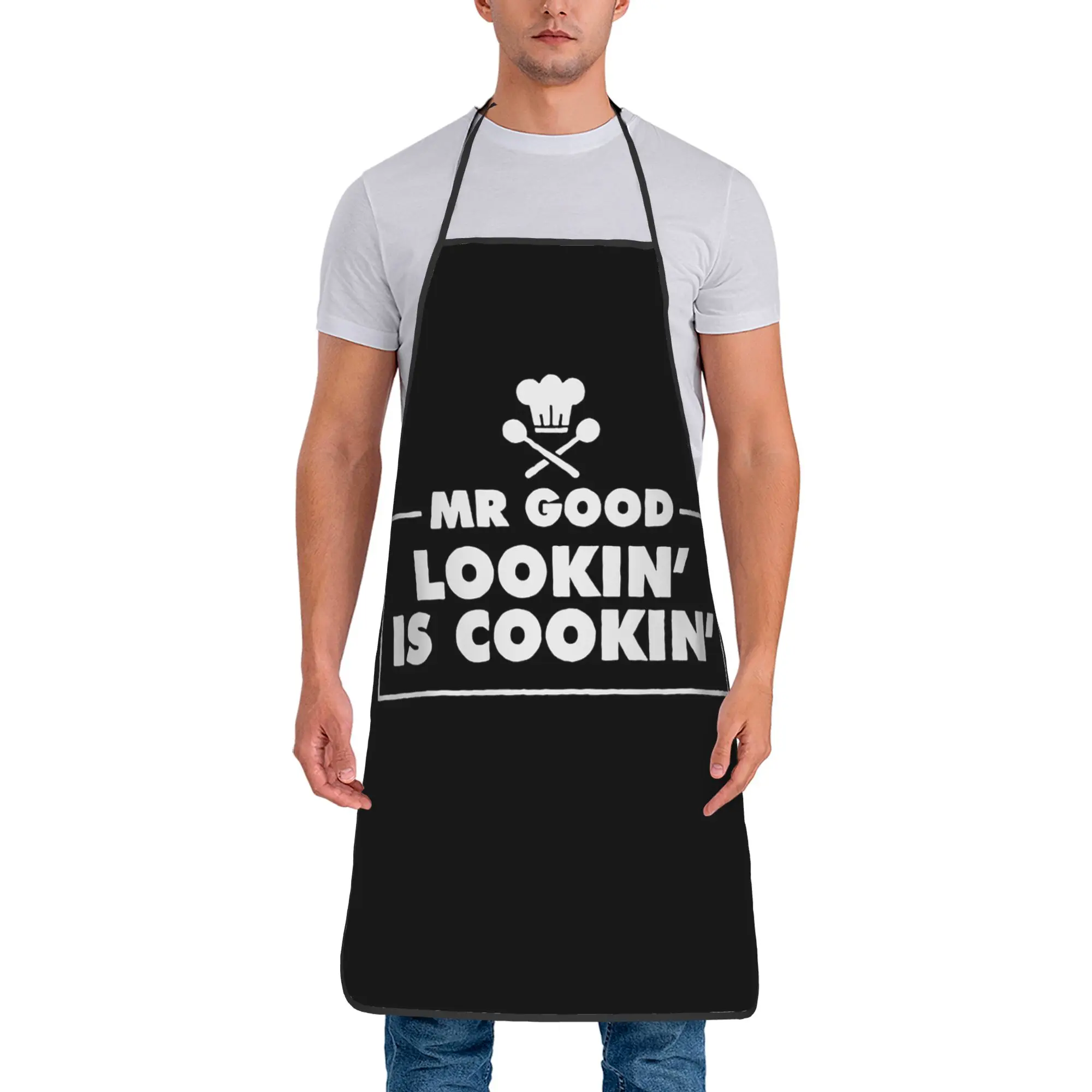 Mr. Good Lookin' Is Cookin' Oil-Proof Bib Aprons Breathable Polyester Funny Chef Father Household Adult Unisex Chef Pinafore