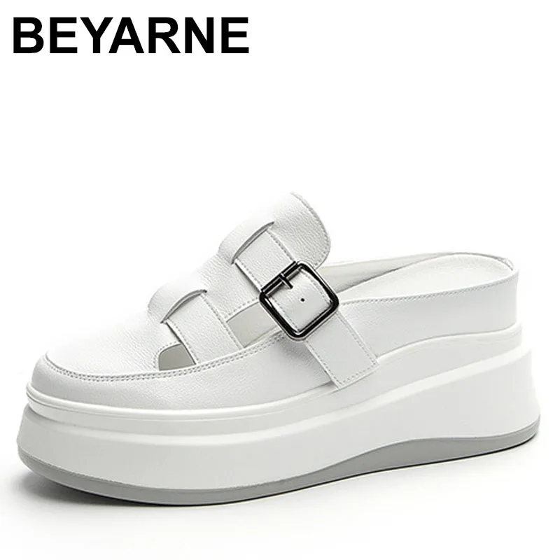 

Women's Summer Slippers Genuine Leather Female Half Shoes Summer Women Fashion High Heels Slippers Women Shoes