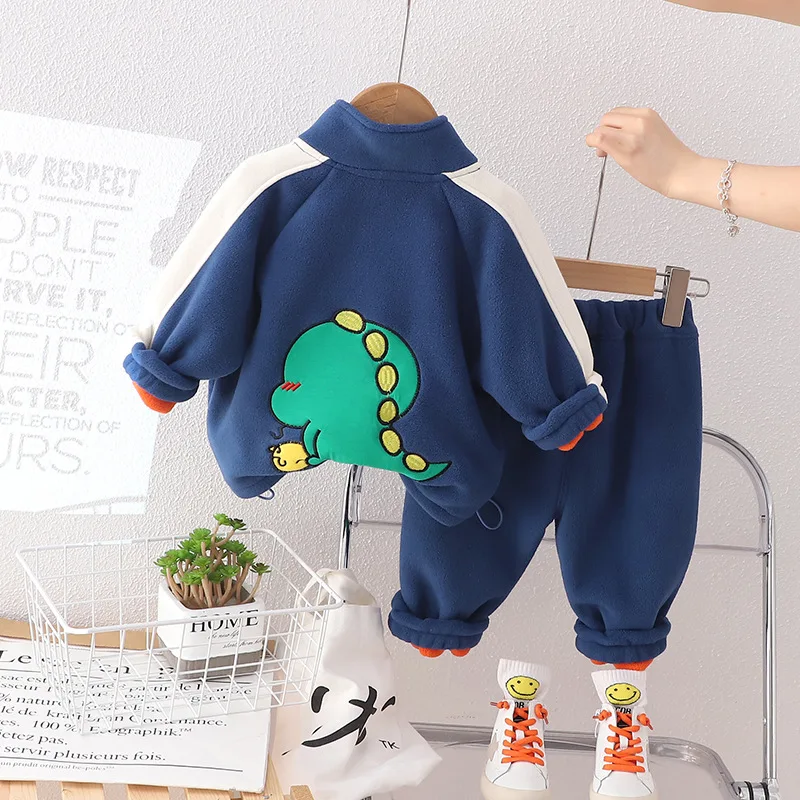 Winter Warm Baby Clothes Suit Children Boys Thick Cartoon Dinosaur Jacket Pants 2Pcs/Set Kids Girl Clothing Toddler Warm Costume