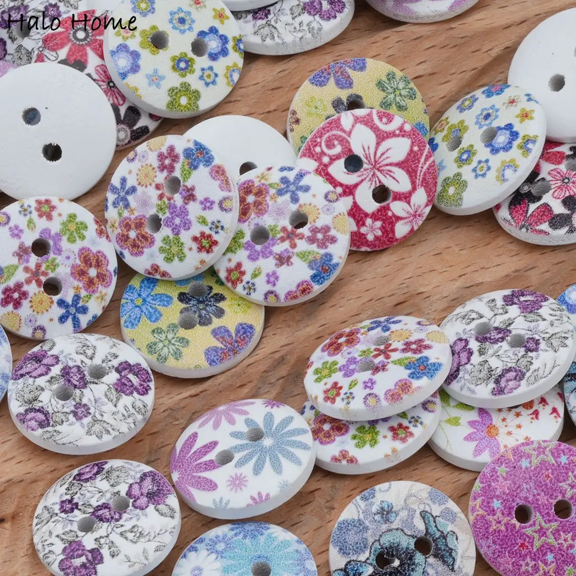 50pcs Floral Print Design Wooden Buttons, 2-Hole for DIY Sewing Crafts & Scrapbooking Decor 15mm