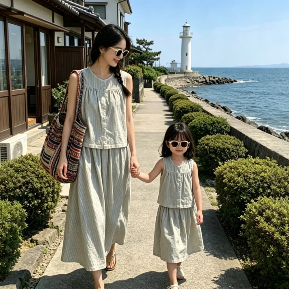 Mom and Daughter 2 Piece Set Family Matching Outfits Korean Style Mommy Me Matching Linen Cotton Sleeveless Vest Skirt Clothes