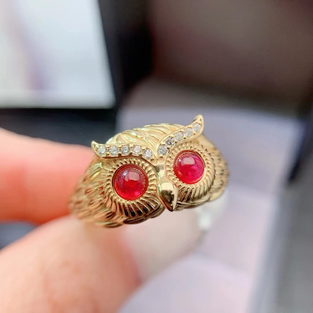 

Sterling Silver Owl Ring 4mm 0.6ct Natural Ruby Ring for Party 3 Layers 18K Gold Plated 925 Silver Ruby Jewelry