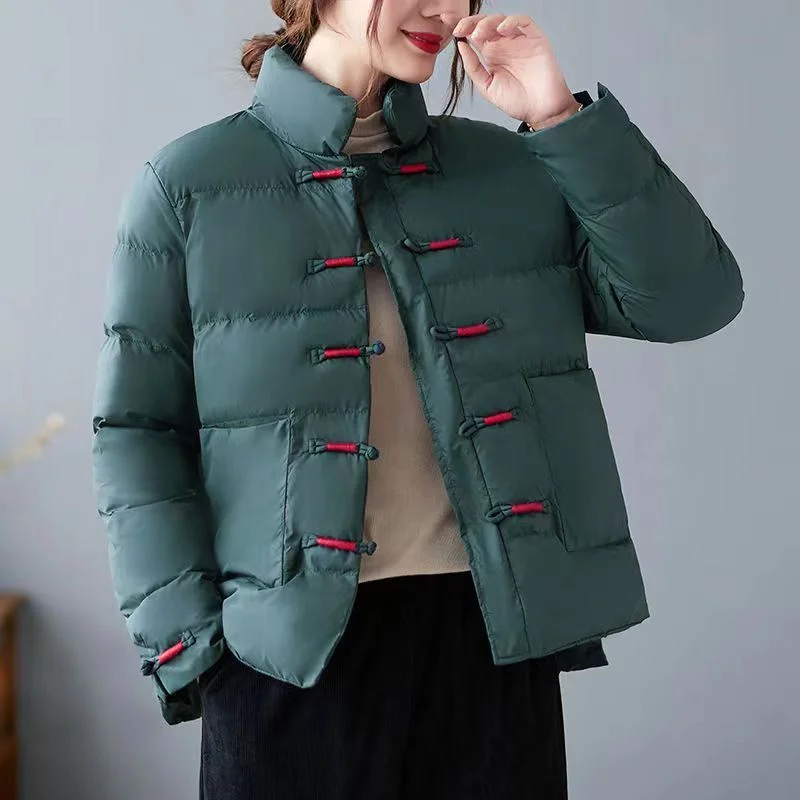 

Chinese Style Retro Button Down Cotton Jacket Women's Winter Thick Warm And Loose Casual Stand Up Collar Cotton Jacket Top JJ295