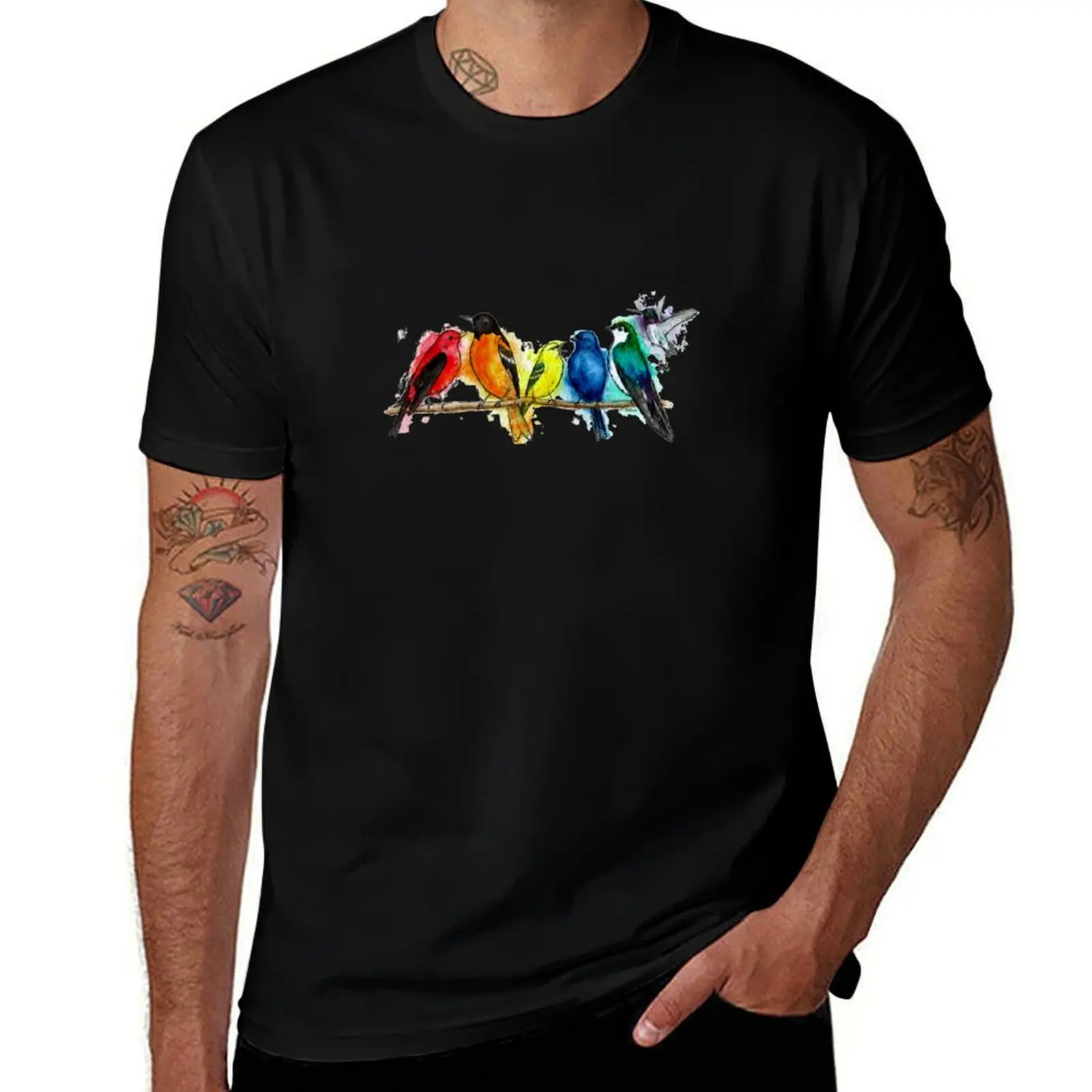 Rainbow Pride Birds - Ink and Watercolor Wildlife Painting - LGBTQ+ Ally Pride Flag T-Shirt Work Utility Casual Tee Shirt