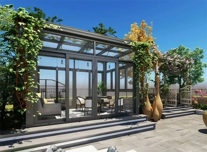 Modern Luxury Aluminium Pergola Winter Greenhouse Sunroom with Motor Competitive Price Outdoor Glass Sunroom