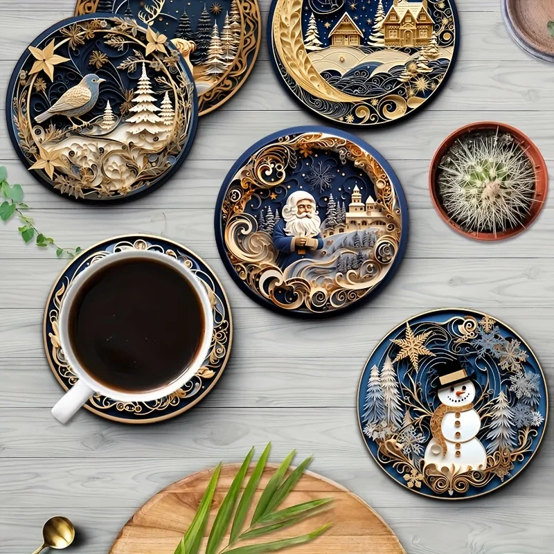 2D Christmas Atmosphere Wooden Coaster Desktop Protection Home Decor Restaurant Decor Party Seasonal Decor Housewarming Gift