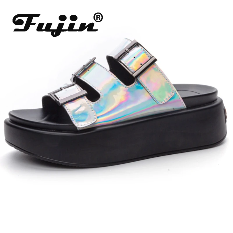 Fujin 6cm New Synthetic Patent Summer Women Sandals Ladies Slipper Platform Wedge Mujer Comfy Fashion 2024 Fashon Peep Toe Shoes