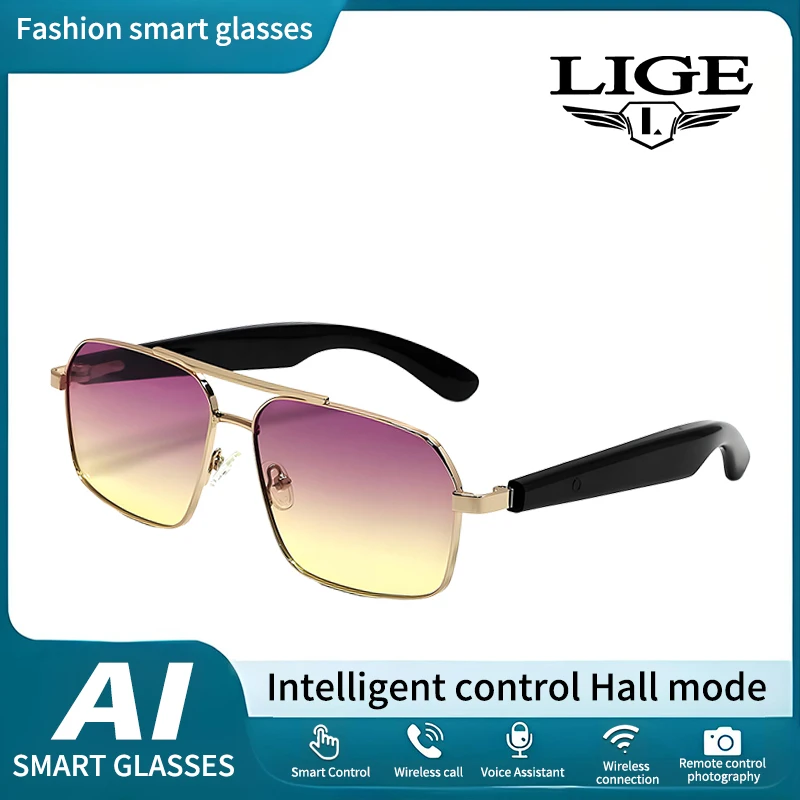 

LIGE Smart Glasses Women Men Bluetooth Call Intelligent Wireless Sunglasses UV Protection Music Headphone Camera Control Eyewear