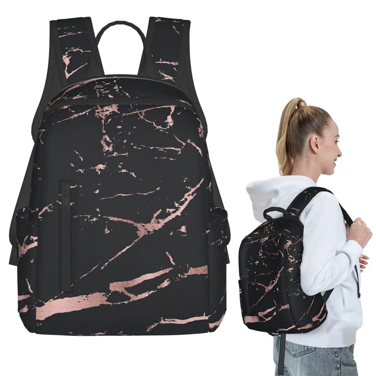 Black And Rose-gold Faux Marble Stone Image Backpack Student BookBag Boys Girls School Bag Computer Shoulder Bags Men Women