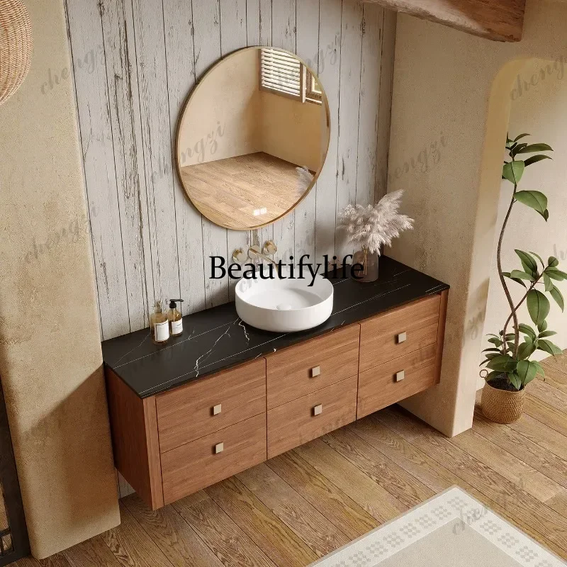 Medieval rock slab ceramic table basin bathroom solid wood multi-layer paint-free bathroom cabinet  a17
