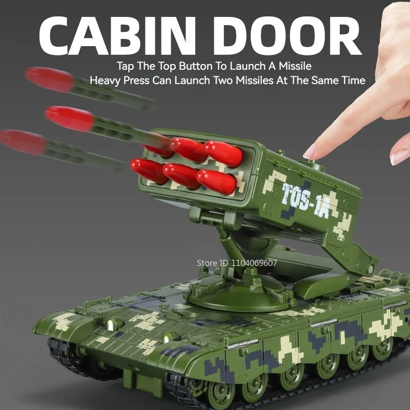 1:32 T34 99A Tank TOS-1A Rocket Gun Model Toy Car Alloy Diecast Spray Military Models Sound Light Pull Back Holiday Gift for Boy