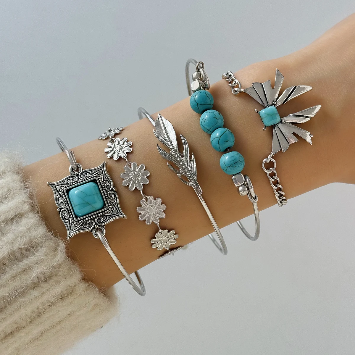 Tocona Vintage Blue Stone Butterfly Bracelet Set for Women Classic Flower Feather Bangle Adjustable Jewelry Party 5pcs/set 26428