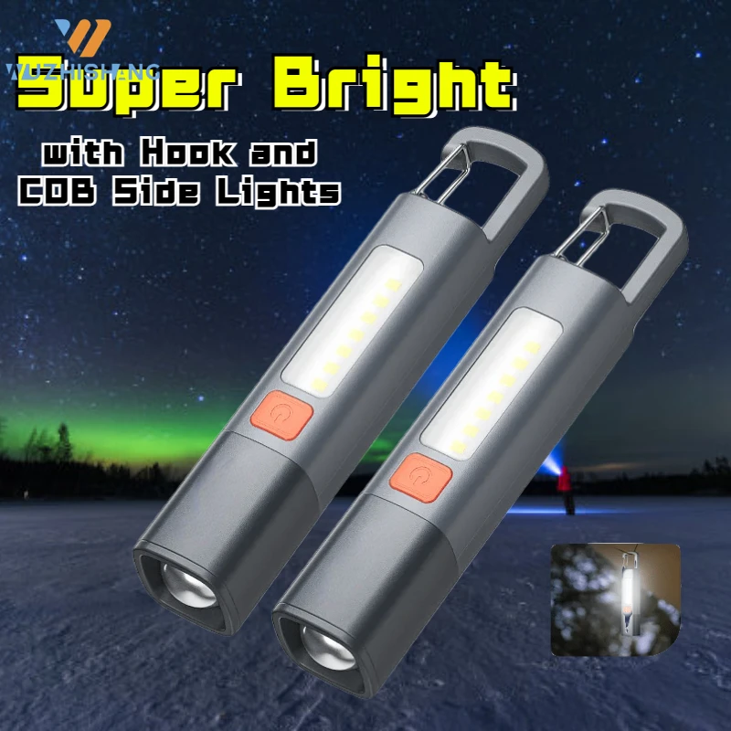 

Super Bright LED Flashlight Outdoor Waterproof Camping Torch USB Rechargeable Zoomable Lantern with Hook and COB Side Lights