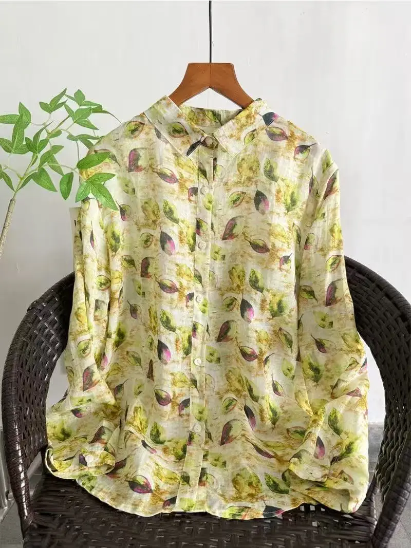 

100% Ramie beautiful women's blouses vintage design ramie printed long sleeve shirts female tops breathable spring clothes