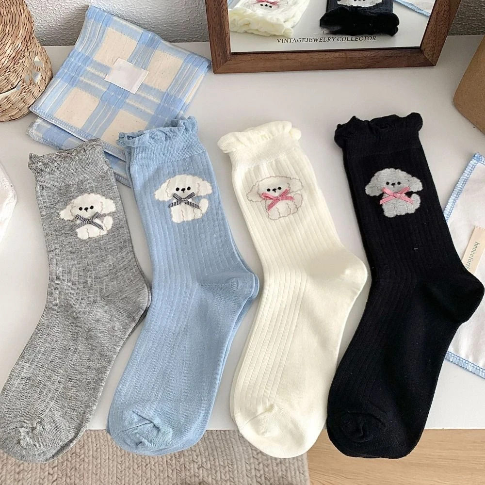 

4Pairs Sweet Cartoon Dog Bowknot Ruffle Socks Anti-slip Hosiery Sweet Tube Socks Ballet Style Kawaii Mid-calf Socks Women Lady