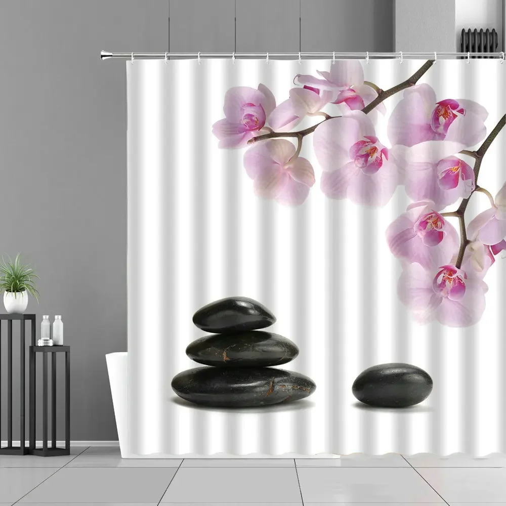 Green Bamboo Zen Stone Shower Curtains Lotus Flowing Water Zen Landscape Shower Curtain Home Bathroom Decoration Set with Hooks