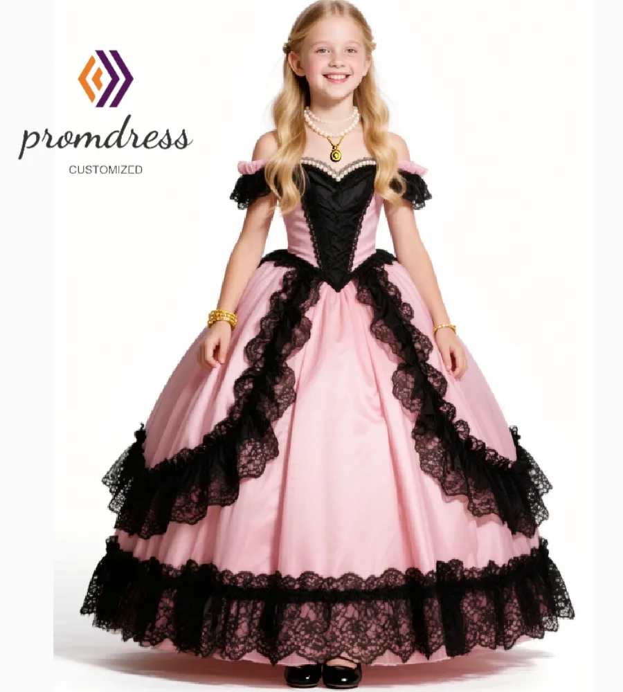 Princess Pink Flower Girls Dress 2026 Off Shoulder Black Lace Costume Pageant Dress Kids Formal Occasion Birthday Party Dress