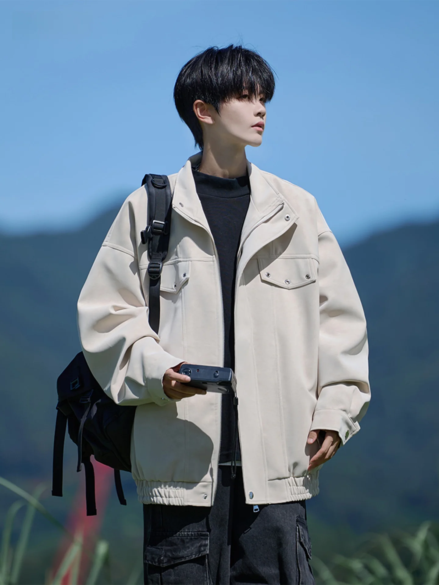 

Casual American High Street Leather Jaet Men's Spring Autumn New Sle Trendy Haome Stand Collar Jaet Loose Fit Long S...