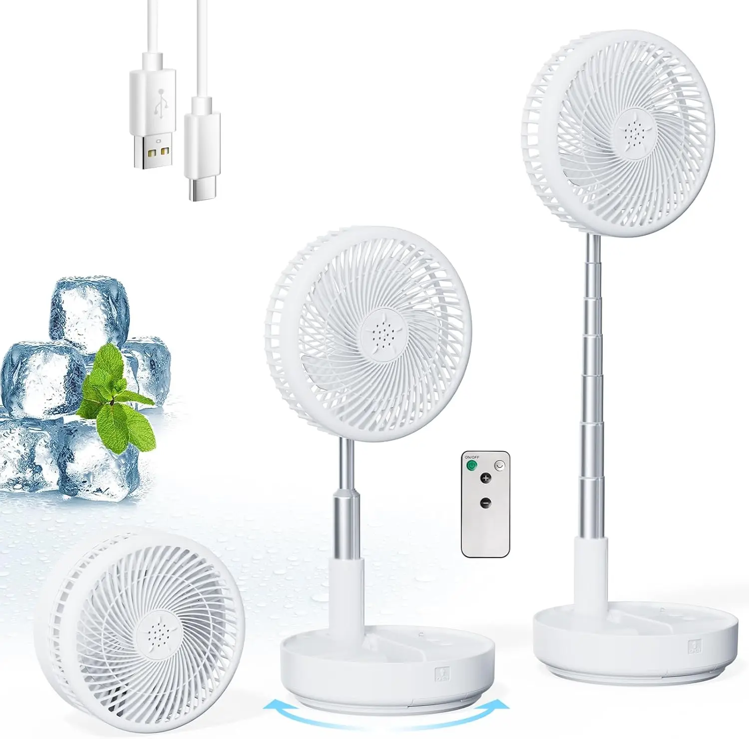 

Portable Rechargeable Fan with Remote, 4 Speeds & USB-C, Adjustable Height for Desk, Travel, Camping - White 8"