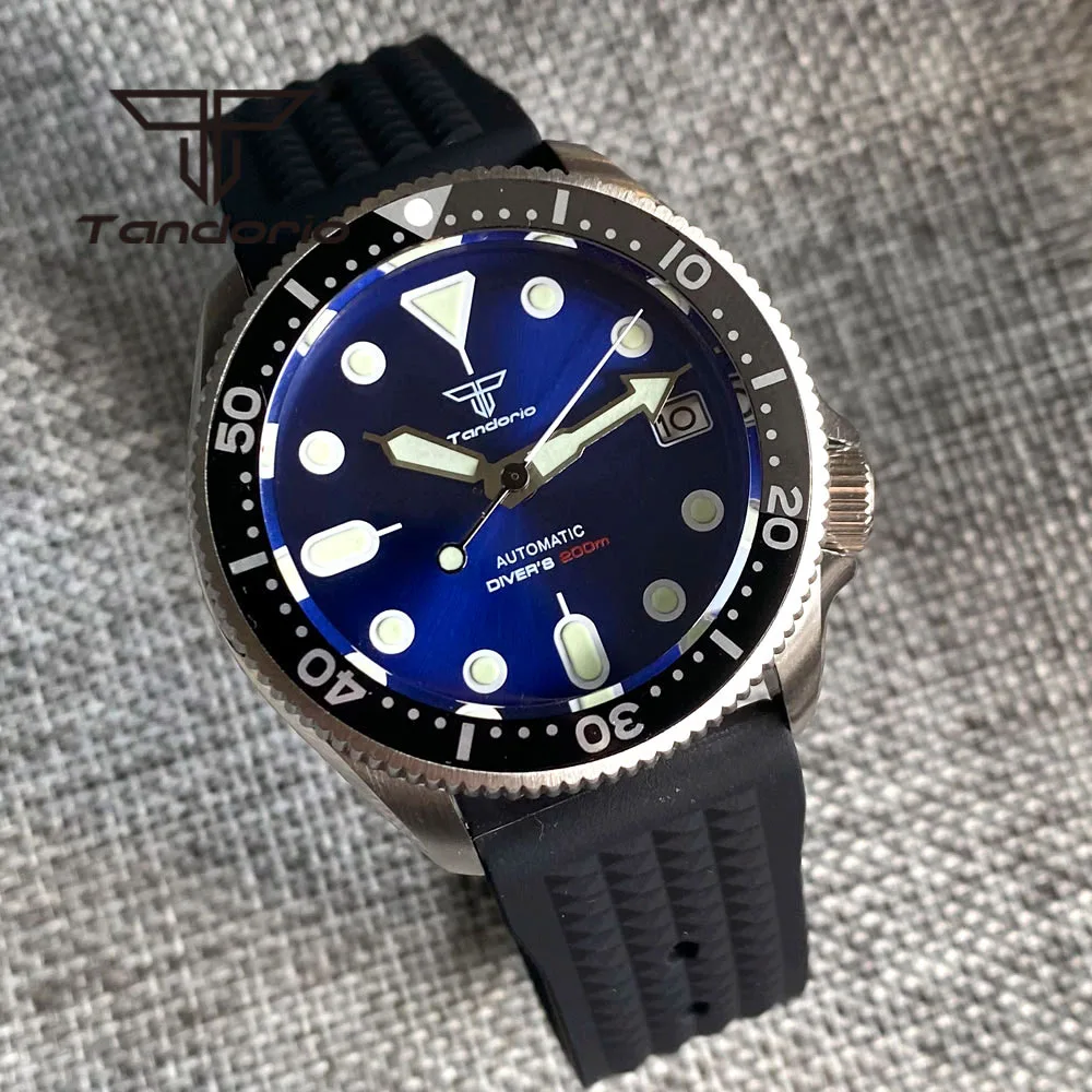 Tandorio Nh35a 37Mm Automatisch Herenhorloge 3.8 Schroefkroon Blauw/Zwart Wijzerplaat Groen Lichtgevend Saffier Glas Auto Datum Rubberen Band