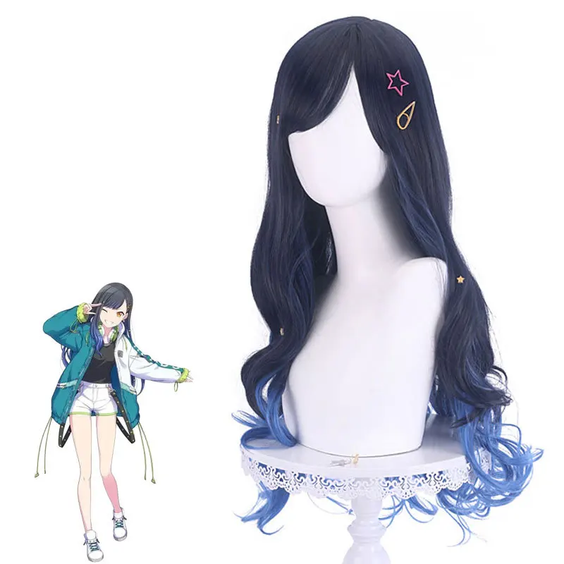 Project Sekai Colorful Stage Feat Shiraishi An Black Blue Mixed Cosplay Wig Curly Heat Resistant Synthetic Hair and Headwear