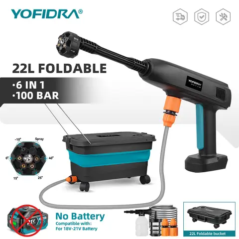 YOFIDRA 100Bar Electric High Pressure Car Washer 500W Home Water Spray Gun With 22L Foldable Water Bucket For Makita Battery Pin
