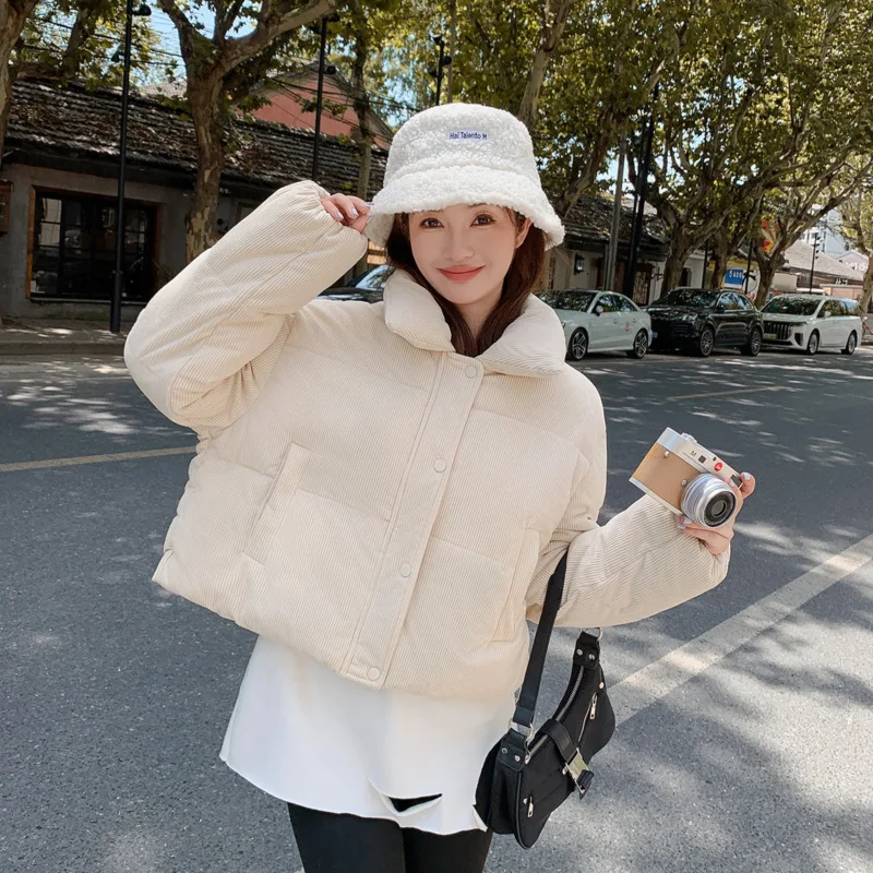 Winter Corduroy Puffer Jacket Women Hooded Zip Up Solid Quilted Warm Windproof Russian Cold Weather Snow Coat Cozy Outerwear