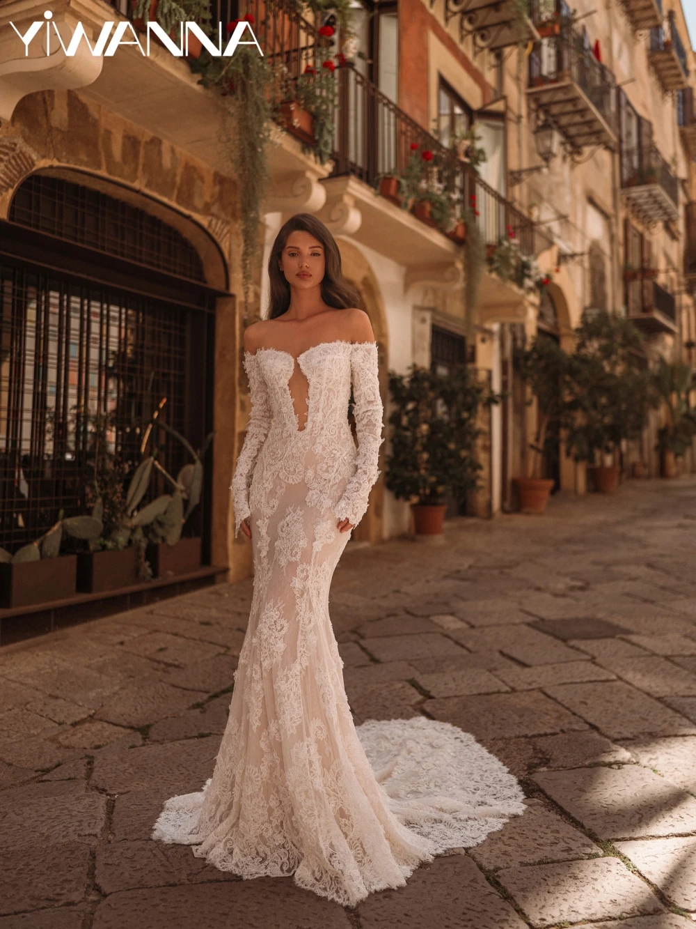 

Exquisite Sequined Lace Long Wedding Dress Illusion Off Shoulder Mermaid Bridal Gown Customized Backless Dresses For Bride