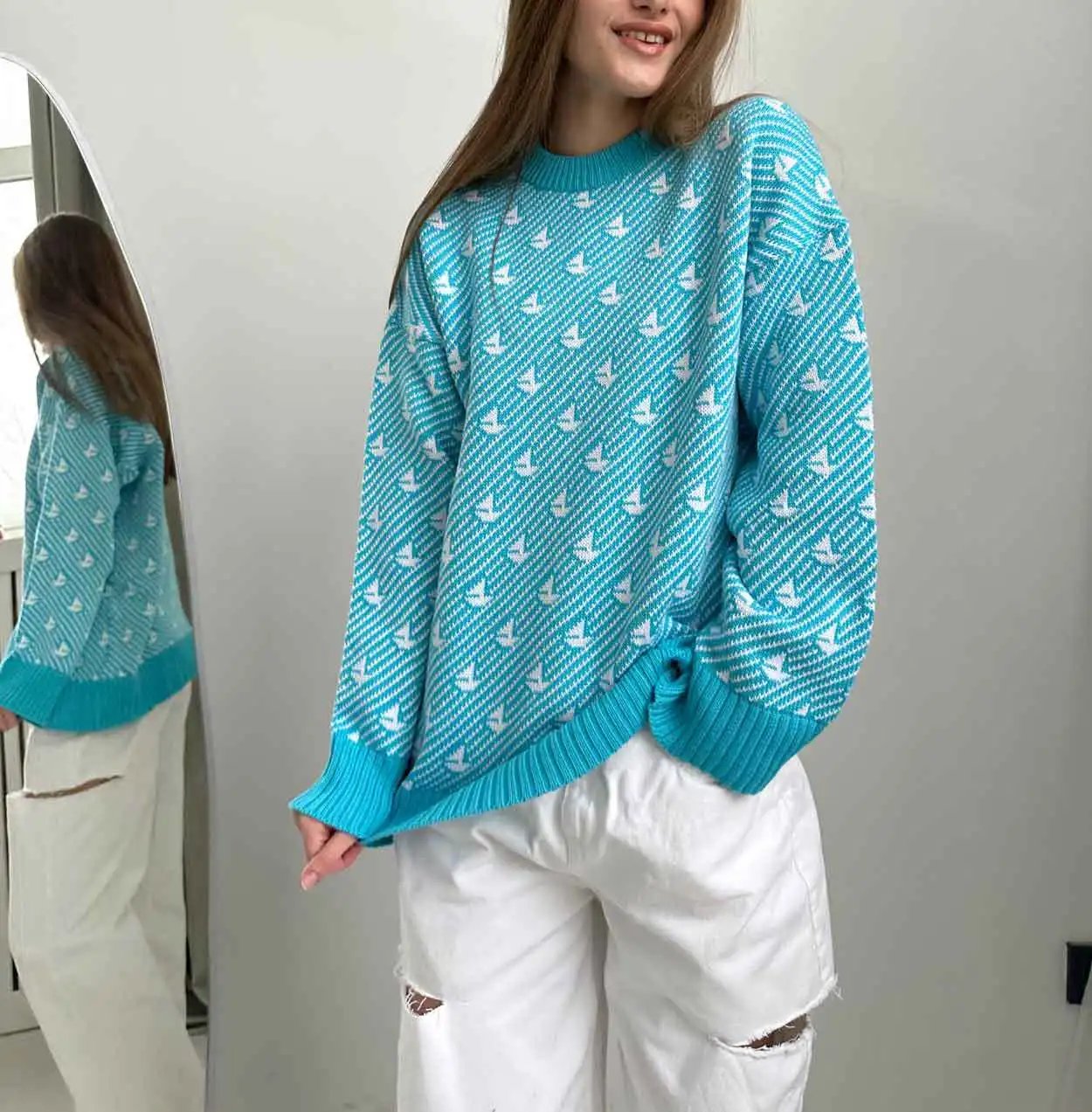 

JHJN Autumn and Winter Round Neck Jacquard Sailboat New Model Temperament High Street Versatile loose Knitted Pullover Sweater