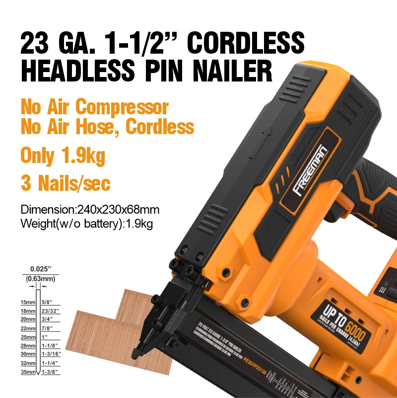 Freeman LD635 23 Gauge Portable Electric 20V Battery Powered Cordless Micro Headless Nail Gun Mini Pin Nailer for Wood