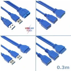 0.3m High speed Dual 2-port USB 3.0 A to Computer Motherboard 20pin Male to Female Cable Adapter 20-pin USB Expansion Cable