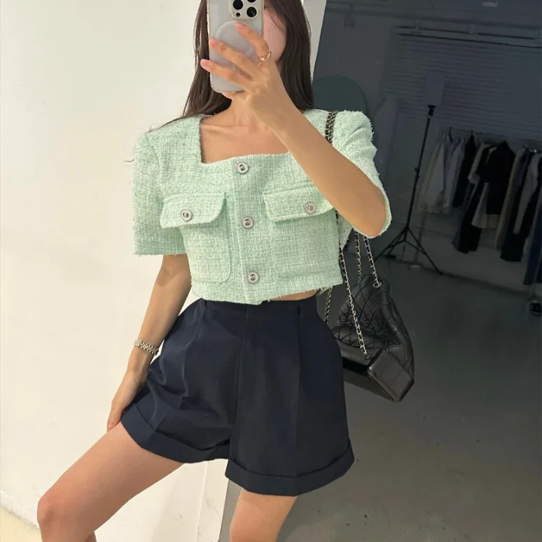 

Romantic Tweed Short Sleeve Jacket Spring Autumn Winter Women's Fashion Korean Style Single Button Closure Regular Fit Outerwear