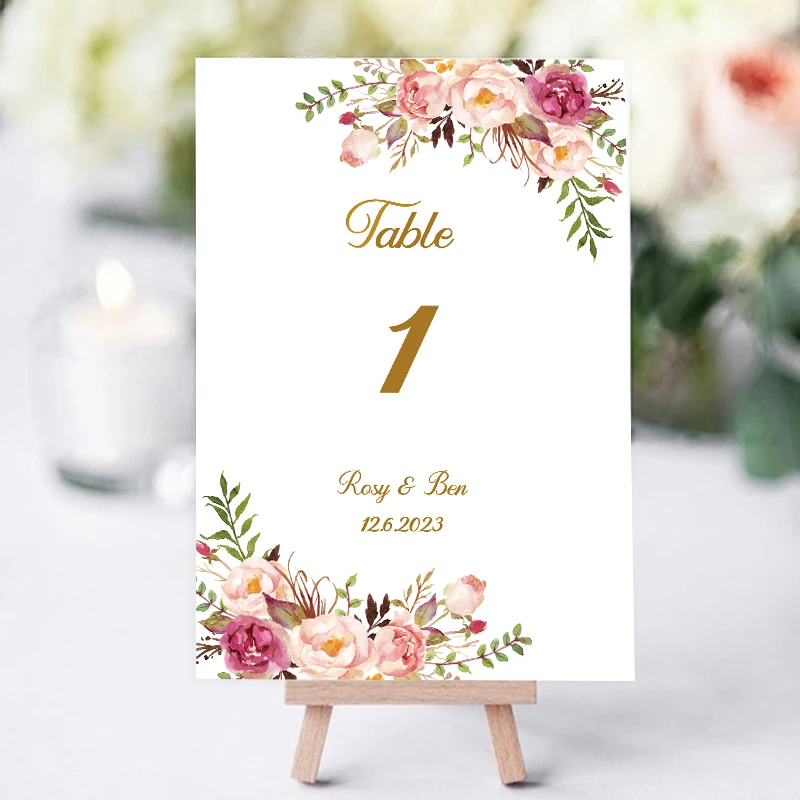 

40pcs Personalised pink flower theme Wedding card Reception Dinner party seat guide table card Add bride and groom names date