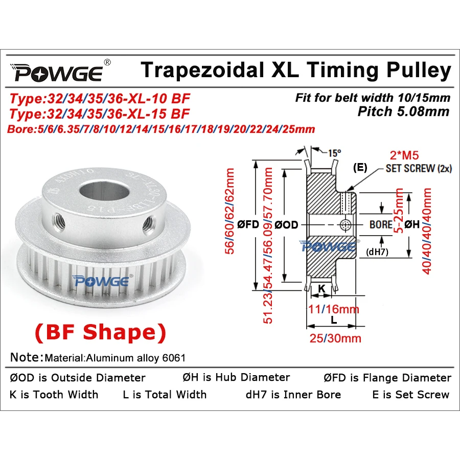 POWGE 32 34 35 36 teeth XL Timing Pulley Bore 6/8/10/12/14/15/16/17/18/19/20/22/25mm for Belt width 10/15mm 32T 34T 35T 36T