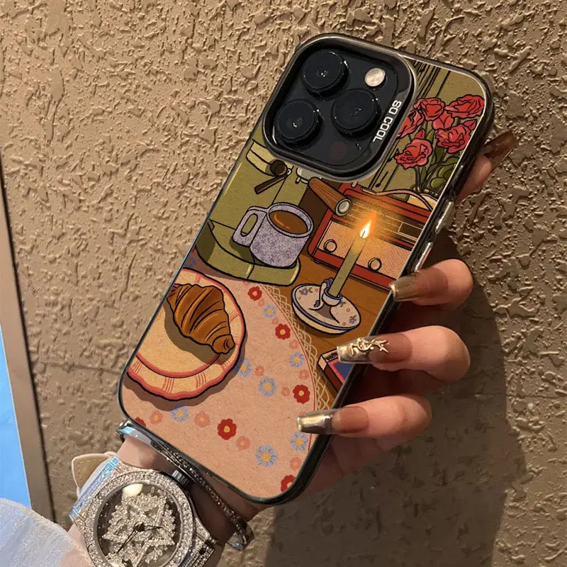 

Retro Cartoon Cat Candlelight Illustration Laser Phone Case For iPhone 13 12 11 Pro Max Mini 17 16 15 14 Pro Max Plus Air Covers