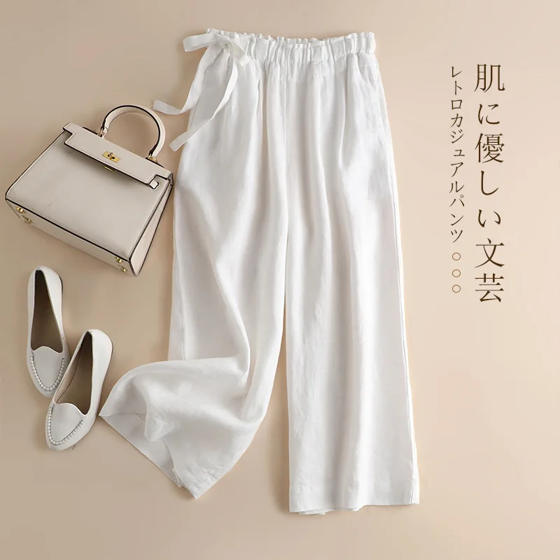 100% Linen Elastic Waist Wide Leg Pants Women Brand Casual Ankle-length Quality Trousers For Girls Large Size M-3XL Pantalones