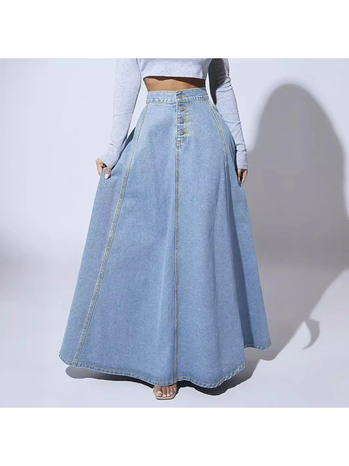

2026 New Single-Breasted Denim Skirt Women's Foreign Style Big Swing A Word Spring and Summer Skirt