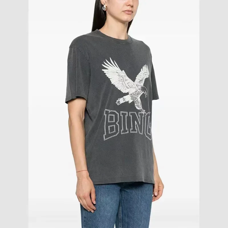 

2024 Summer New Niche AB Classic Eagle Letter Printing Fried Color Washing Water Make Old Women's Short-sleeved T-shirt